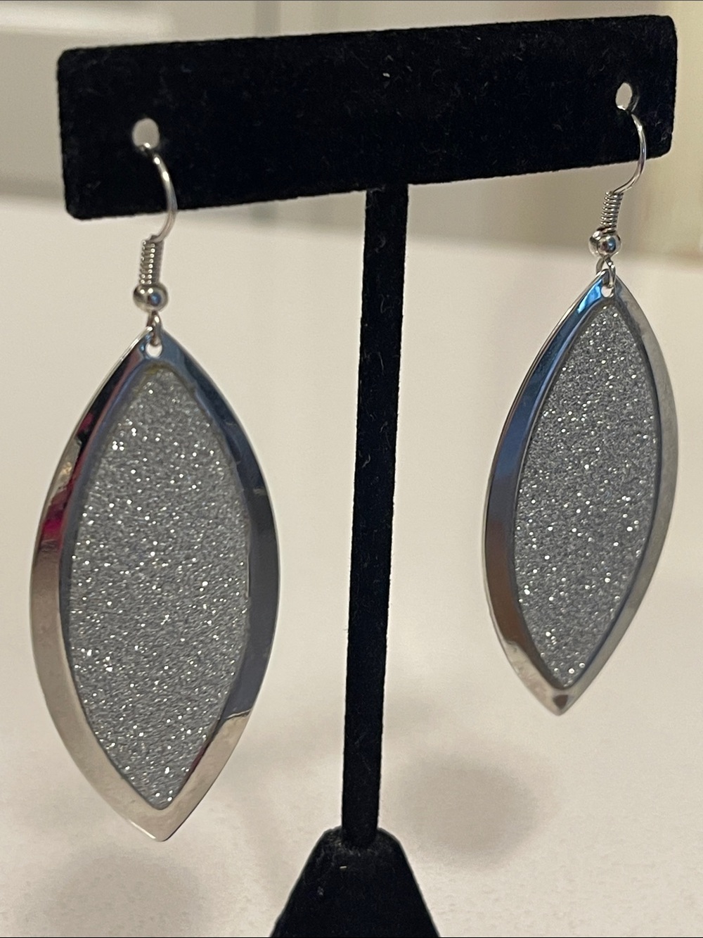 Silver Glitter Marquise Drop Earrings - Elegant Women's Jewelry